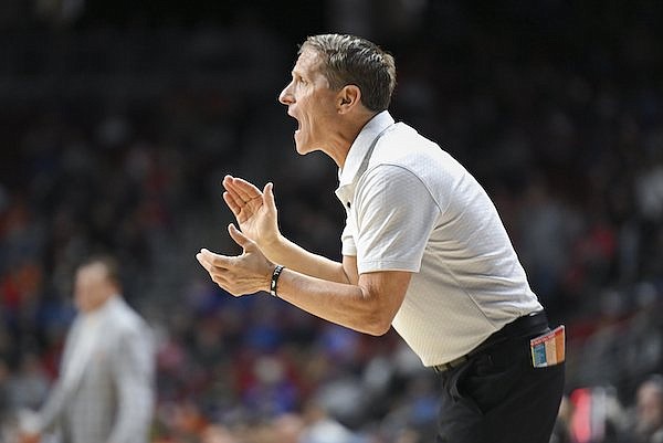 Arkansas coach Eric Musselman is shown during an NCAA Tournament game against Illinois on Thursday, March 16, 2023, in Des Moines, Iowa.