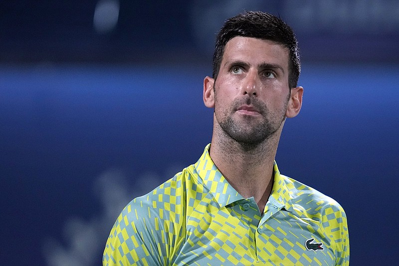 AP photo by Kamran Jebreili / Novak Djokovic looks up during the quarterfinals of the Dubai Duty Free Tennis Championships on March 1.