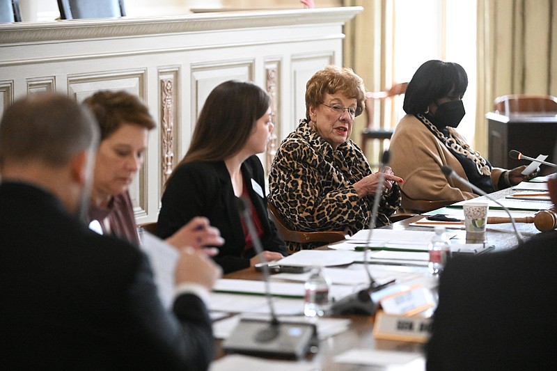 State Sen. Jane English (second from right), chair of the Senate Committee on Education, speaks during a meeting of the committee at the state Capitol in Little Rock in this Jan. 25, 2023 file photo. (Arkansas Democrat-Gazette/Staci Vandagriff)