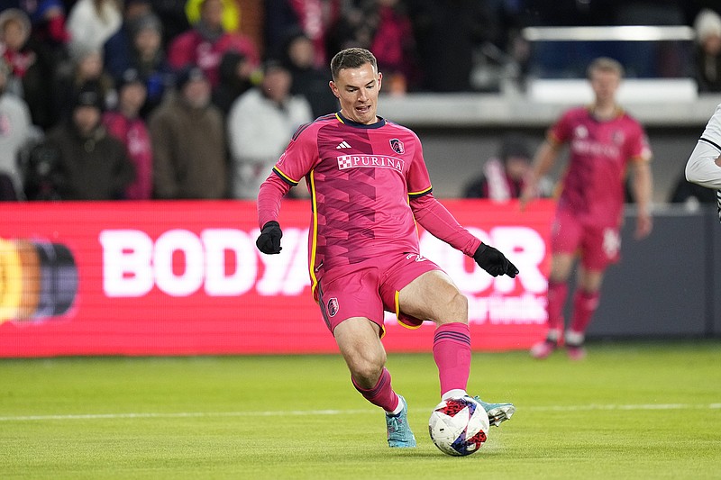 St. Louis City's Jake Nerwinski passes during the first half of Saturday night's MLS match against the San Jose Earthquakes in St. Louis. (Associated Press)
