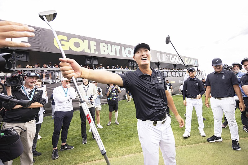 Danny Lee celebrates on the 18th green after Sunday's final round of the LIV Golf Tucson event in Marana, Arizona. (LIV Golf via the Associated Press)