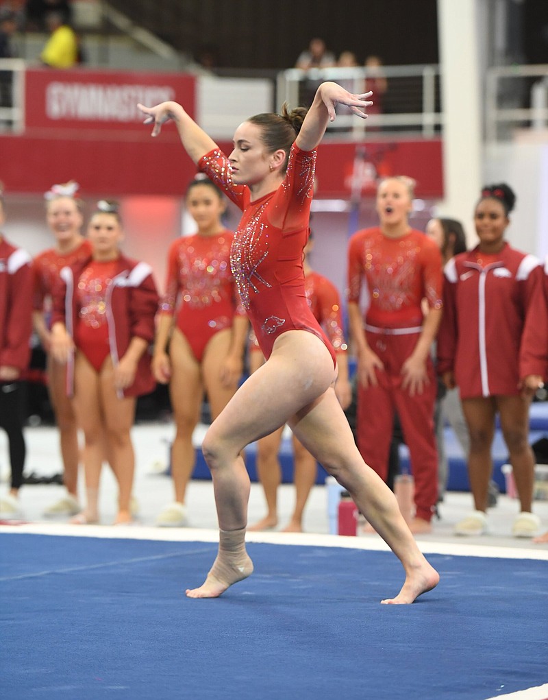 ArkansasÕ Norah Flatley competes Friday, Jan. 13, 2022, in the floor competition of the RazorbacksÕ meet with Alabama in Barnhill Arena in Fayetteville. Visit nwaonline.com/photo for today's photo gallery. .(NWA Democrat-Gazette/Andy Shupe)