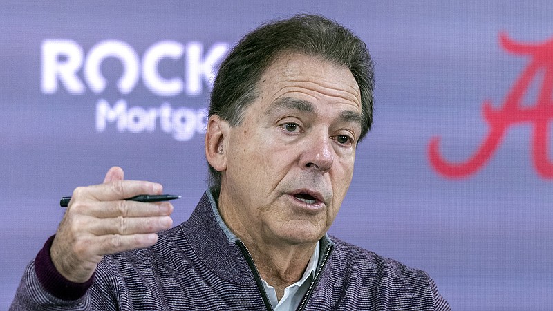 FILE - Alabama head coach Nick Saban introduces the Alabama juniors declaring for the NFL draft, Monday, Jan. 2, 2023, in Tuscaloosa, Ala.