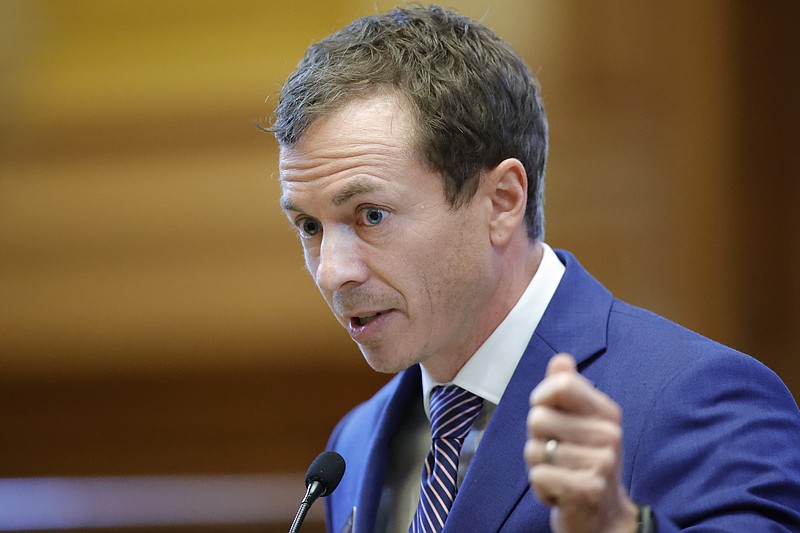 Sen. Greg Dolezal, R-Cumming, speaks in favor of SB 233 in the Senate chambers during crossover day at the Georgia State Capitol on Monday, March 6, 2023, in Atlanta. (AP Photo/Alex Slitz)