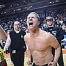 Arkansas basketball coach Eric Musselman celebrates a 72-71 victory over Kansas at the NCAA Tournament on Saturday, March 18, 2023, in Des Moines, Iowa.