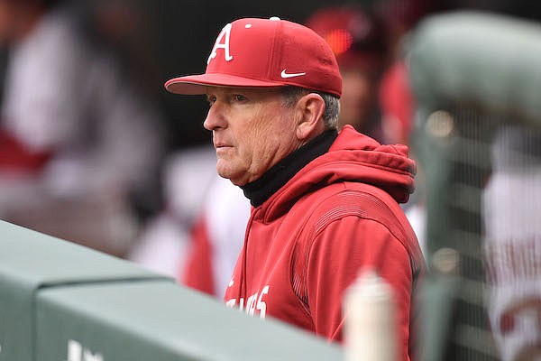 Arkansas coach Dave Van Horn is shown during a game against Southeast Missouri State on Tuesday, March 21, 2023, in Fayetteville.