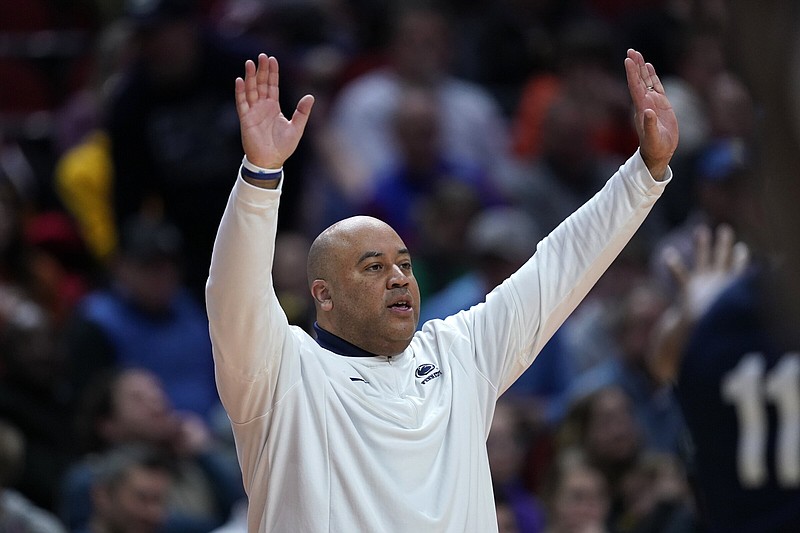 Penn State head coach Micah Shrewsberry directs his team in the first half of a first-round college basketball game against Texas A&M in the NCAA Tournament, Thursday, March 16, 2023, in Des Moines, Iowa. 
(AP Photo/Charlie Neibergall)