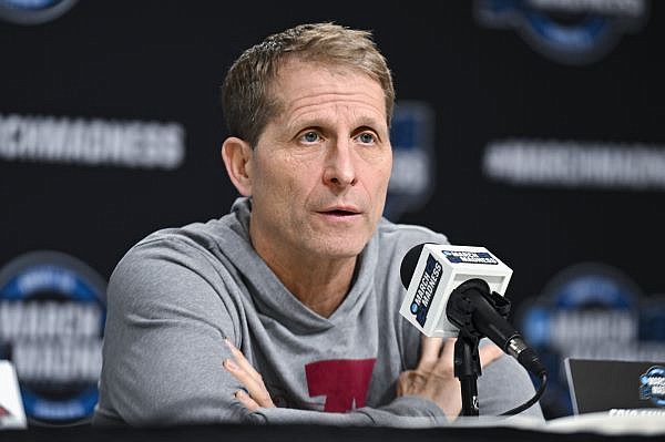 Arkansas coach Eric Musselman answers questions during an NCAA Tournament news conference Wednesday, March 22, 2023, in Las Vegas.
