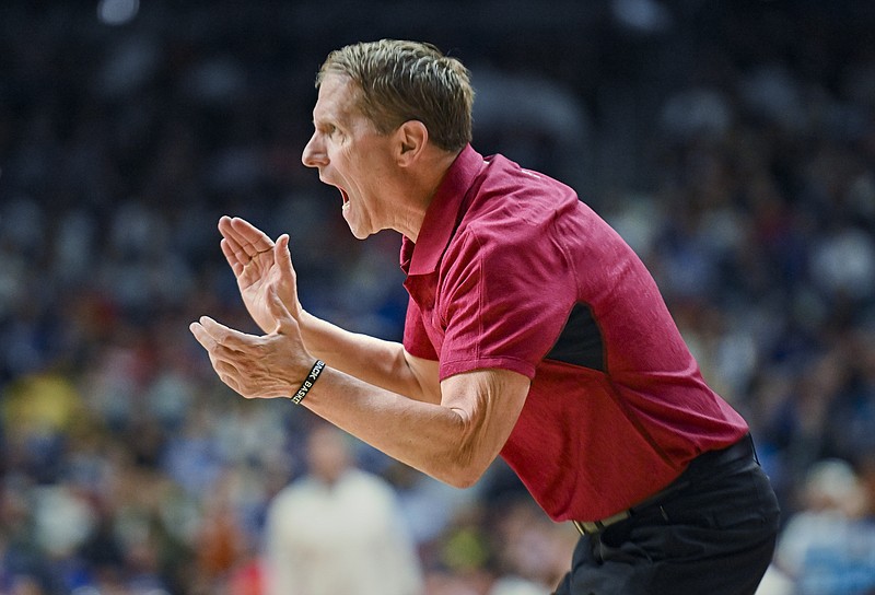 Arkansas head coach Eric Musselman reacts, Saturday, March 18, 2023 during the second half of the NCAA Division I Basketball Championship Second Round game at the Wells Fargo Arena in Des Moines, Iowa. Visit nwaonline.com/photos for today's photo gallery...(NWA Democrat-Gazette/Charlie Kaijo)