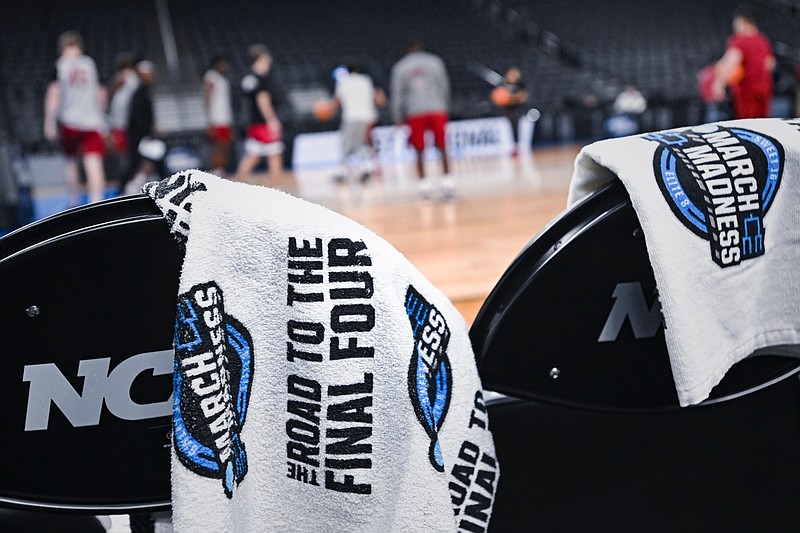 NCAA towels are shown during a practice Wednesday, March 22, 2023, at the NCAA Tournament site in Las Vegas.