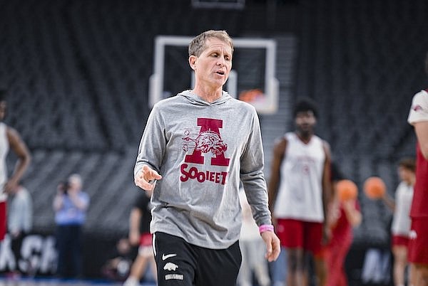 Arkansas coach Eric Musselman is shown during a practice Wednesday, March 22, 2023, in Las Vegas.
