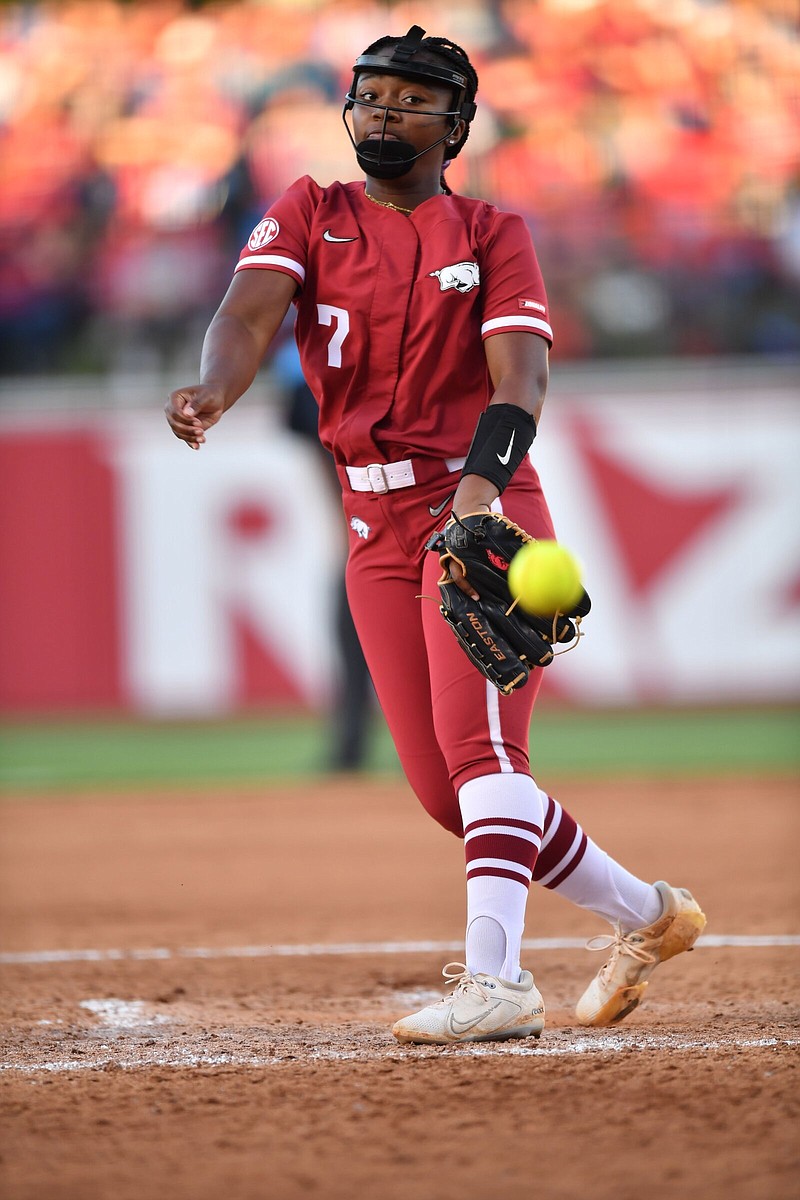 Arkansas ace Chenise Delce and the Razorbacks are set to host Florida for a three-game series beginning at 6 p.m. today at Bogle Park in Fayetteville, a place the Gators have gone 15-0.
(NWA Democrat-Gazette/Andy Shupe)