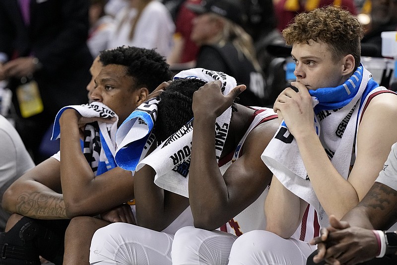 The Iowa State bench watches during their loss against Pittsburgh in a first-round NCAA Men’s Tournament game March 17. The Cyclones finished 23.3% from the floor and 2 of 21 from three-point range in a 59-41 loss.
(AP Photo/Chris Carlson)