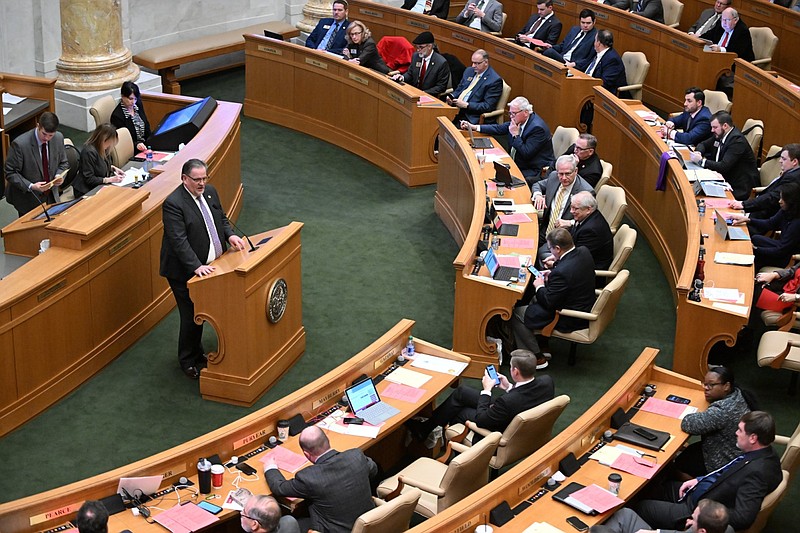 Arkansas state Rep. Brian Evans, R-Cabot, makes a motion during a session of the Arkansas House at the state Capitol in this Jan. 25, 2023 file photo. (Arkansas Democrat-Gazette/Staci Vandagriff)