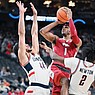 Arkansas guard Ricky Council (1) shoots during an NCAA Tournament game against Connecticut on Thursday, March 23, 2023, in Las Vegas.