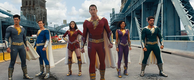 Nonavengers assemble: Super Hero Eugene (Ross Butler), Super Hero Freddy (Adam Brody), Super Hero Mary (Grace Caroline Currey), Shazam (Zachary Levi), Super Hero Darla (Meagan Good) and Super Hero Pedro (D.J. Cotrona) wonder what it’s all about in the DC extended universe film “Shazam! Fury of the Gods!”