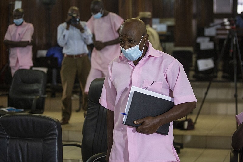 Paul Rusesabagina, who inspired the film “Hotel Rwanda” and is credited with saving more than 1,000 people by sheltering them at the hotel he managed during the genocide, attends a court hearing in Kigali, Rwanda, in February 2021.
(AP/Muhizi Olivier)