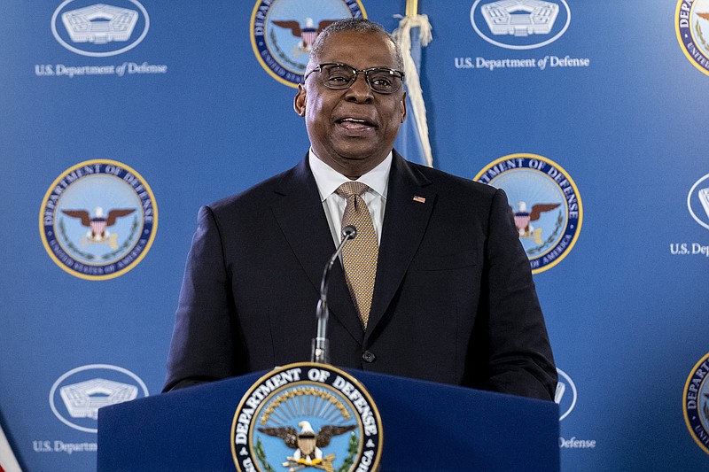 Secretary of Defense Lloyd Austin, speaks during a briefing with Chairman of the Joint Chiefs, Gen. Mark Milley at the Pentagon in Washington, Wednesday, March 15, 2023. (AP Photo/Andrew Harnik)