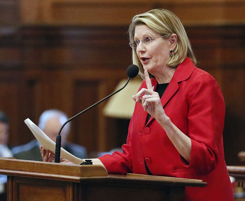 FILE - Speaker Pro-Tempore Jan Jones, R-Milton, speaks at the Georgia Capitol on Feb. 26, 2019, in Atlanta. On Tuesday, March 21, 2023, Jones helped push a bill offering $6,500 educational vouchers to students who would otherwise attend low-performing schools through a House committee. (Bob Andres/Atlanta Journal-Constitution via AP, File)