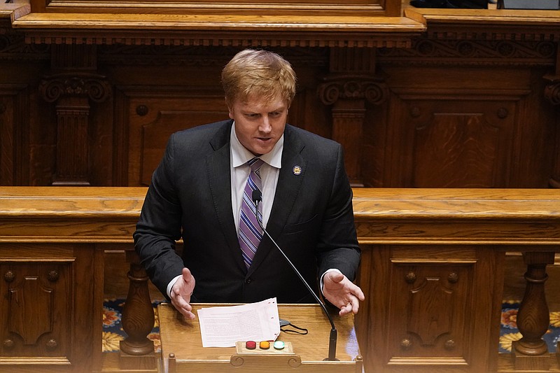 FILE - Senate Appropriations Committee Chairman Blake Tillery speaks in the Senate chamber at the Georgia state Capitol, March 31, 2021, in Atlanta. Tillery's committee passed a bill that cuts higher education funding as part of a larger dispute. (AP Photo/Brynn Anderson, File)