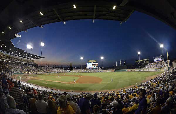 Fans at Alex Box Stadium watch during the third inning of an NCAA college baseball tournament regional game between LSU and Sam Houston State, Saturday, June 1, 2013, in Baton Rouge, La. (AP Photo/Bill Feig)