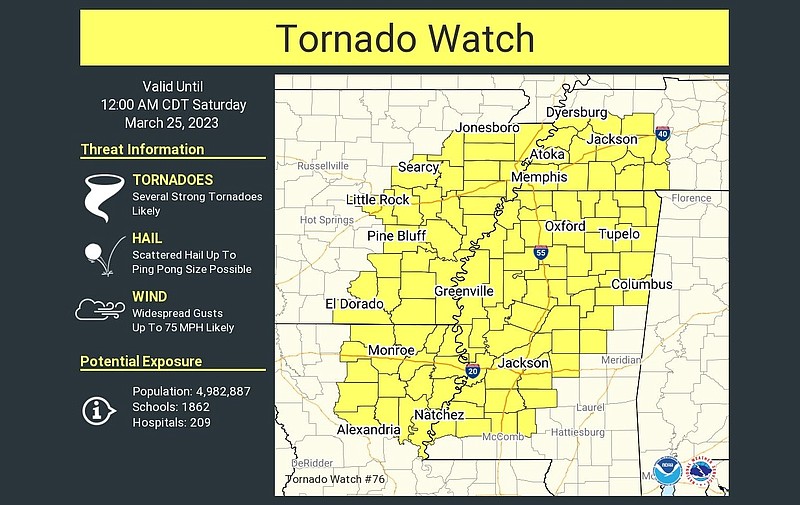 A map issued on Twitter by the National Weather Service in Little Rock on Friday, March 24, 2023 shows that a tornado watch has been issued for parts of Arkansas, Louisiana, Mississippi and Tennessee until midnight. (Courtesy National Weather Service)