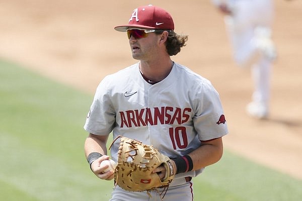 Arkansas infielder Peyton Stovall (10) is shown during an NCAA super regional game against North Carolina on Saturday, June 11, 2022, in Chapel Hill, N.C.