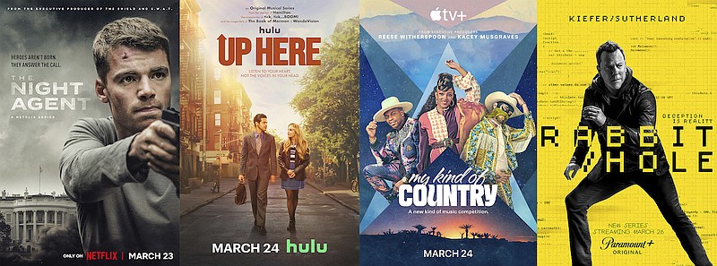 This combination of photos shows promotional art for "The Night Agent," a series premiering March 23 on Netflix, from left, "Up Here," a series premiering March 24 on Hulu, "My Kind of Country," a music competition series premiering March 24 on Apple TV+ and "Rabbit Hole," a series premiering March 26 on Paramount+. (Netflix/Hulu/Apple TV+/Paramount+ via AP)
