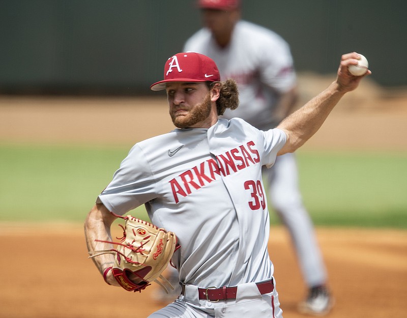 Arkansas pitcher Hunter Hollan (39) delivers against LSU in the second inning of an NCAA college baseball game Friday, March 24, 2023, in Baton Rouge, La. ( Michael Johnson/The Advocate via AP)