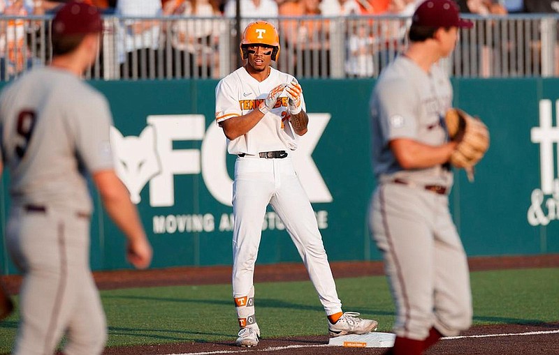 Tennessee Athletics photo / Tennessee has scored 18 runs on 19 hits during victories Friday and Saturday over Texas A&M, with Volunteers shortstop Maui Ahuna collecting this triple in Friday's 10-4 win. The Vols prevailed 8-7 on Saturday, with the two teams wrapping up the three-game set Sunday afternoon at 1 on ESPN.