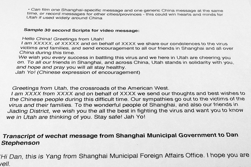 Sample scripts provided for Utah lawmakers to read in videos requested by the government of Shanghai early in the coronavirus pandemic are photographed Feb. 13, 2023. As tensions with Washington rise, Beijing has focused its influence efforts on state and local officials. Security experts have warned that state lawmakers could be unwitting participants in Chinese government propaganda efforts.(AP Photo/Jon Elswick)