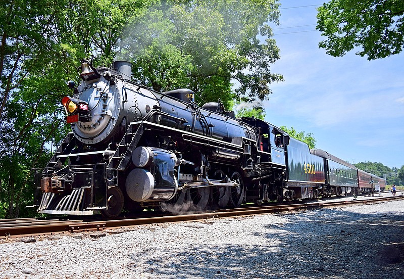 Staff Photo by Robin Rudd / Engine 4501 departs from Grand Junction Station.  The Tennessee Valley Railroad Museum reopened this weekend with runs of their Missionary Ridge Local lead by steam engine 4501.  The local attraction had closed because of the COVID-19 pandemic.