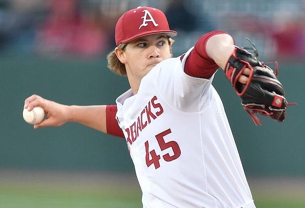 Arkansas reliever Gage Wood delivers a pitch Tuesday, March 28, 2023, during the third inning of the Razorbacks’ win over Omaha at Baum-Walker Stadium in Fayetteville.