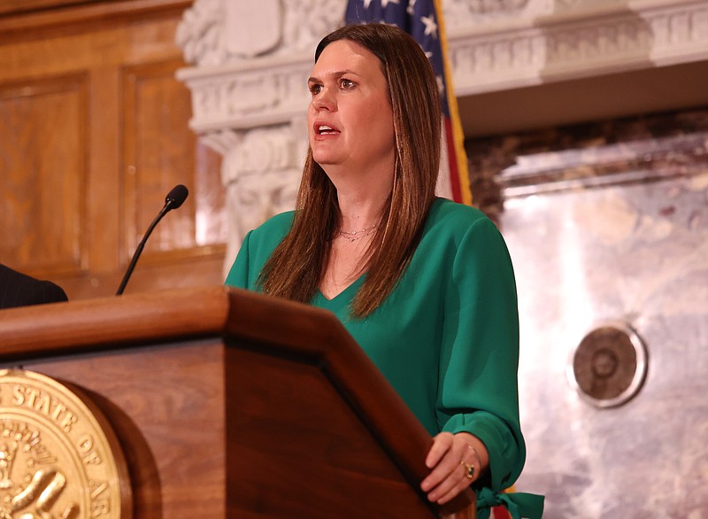 Gov. Sarah Huckabee Sanders addresses members of the media during a press conference at the Arkansas state Capitol on Tuesday, March 28, 2023 announcing plans to sue Facebook and Tiktok's parent companies Meta and Bytedance respectively. (Arkansas Democrat-Gazette/Colin Murphey)