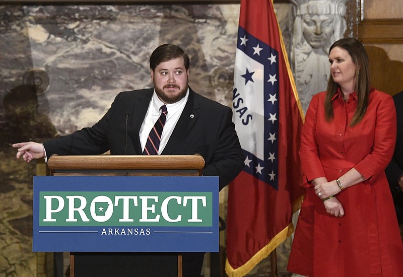 State Sen. Ben Gilmore, R-Crossett, addresses the media during an announcement of Gov. Sarah Huckabee Sanders' new $470M criminal justice package during a press conference at the State Capitol on Monday, March 27, 2023. (Arkansas Democrat-Gazette/Stephen Swofford)