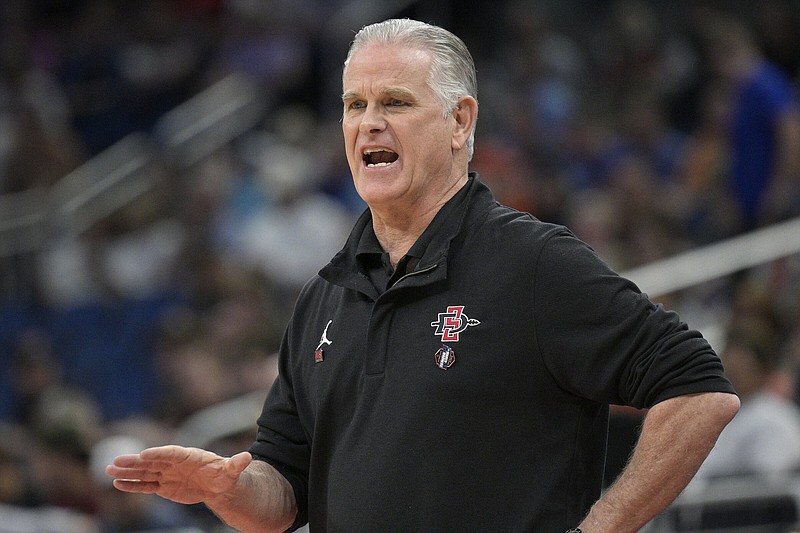 San Diego State head coach Brian Dutcher calls out instructions during the first half of a first-round college basketball game against Charleston in the NCAA Tournament on March 16, 2023, in Orlando, Fla. 
(AP Photo/Phelan M. Ebenhack, File)