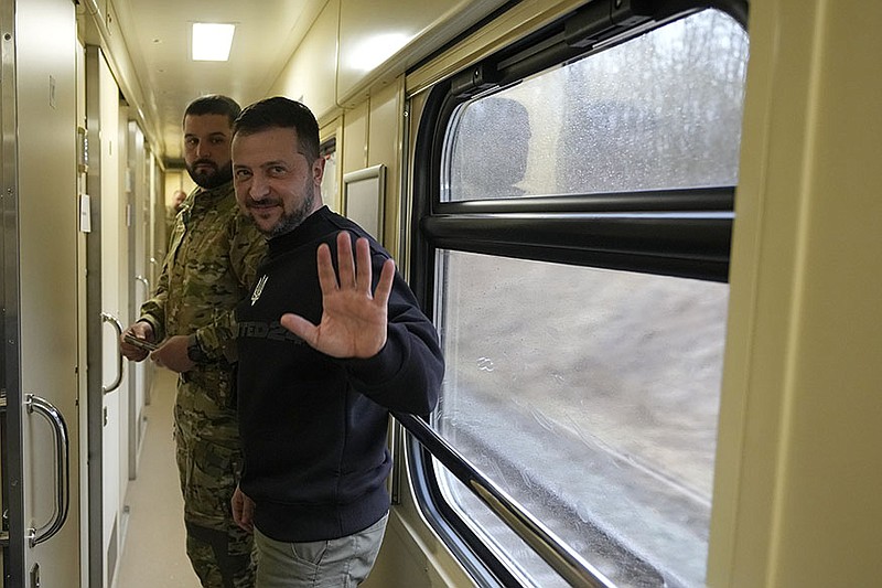 Ukrainian President Volodymyr Zelenskyy ends an interview Tuesday with The Associated Press on a train traveling from Ukraine’s Sumy region to Kyiv.
(AP/Efrem Lukatsky)