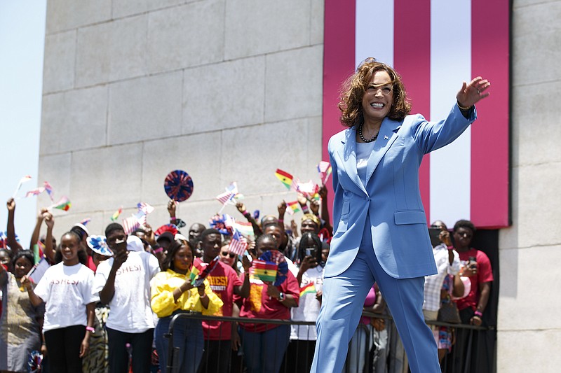 U.S. Vice President Kamala Harris waves as she arrives at Black Star square to address youths in Accra, Ghana, Tuesday March 28, 2023. Harris is on a seven-day African visit that will also take her to Tanzania and Zambia. (AP Photo/Misper Apawu, Pool)