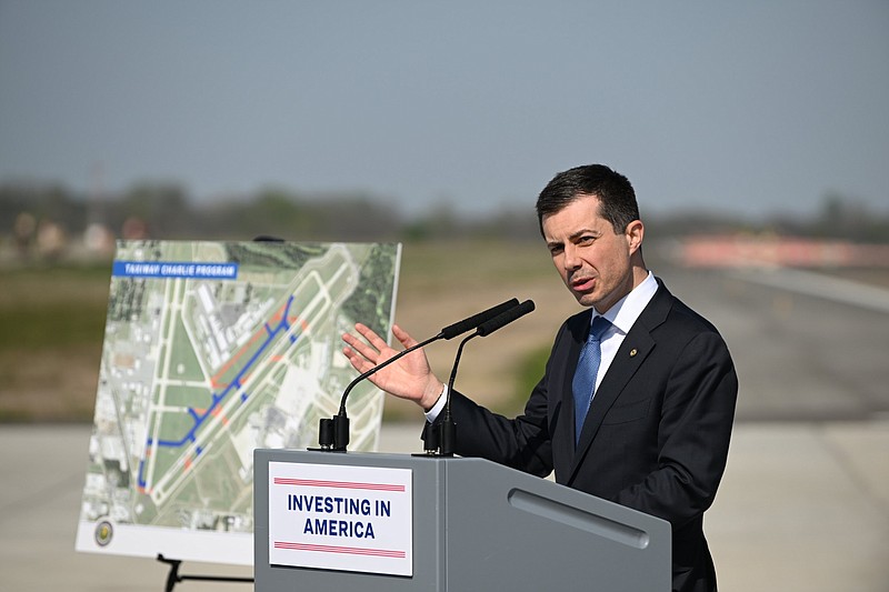 U.S. Transportation Secretary Pete Buttigieg speaks during a press conference Wednesday, March 29, 2023 after taking a tour of Taxiway Charlie at the Bill and Hillary Clinton National Airport in Little Rock. (Arkansas Democrat-Gazette/Staci Vandagriff)