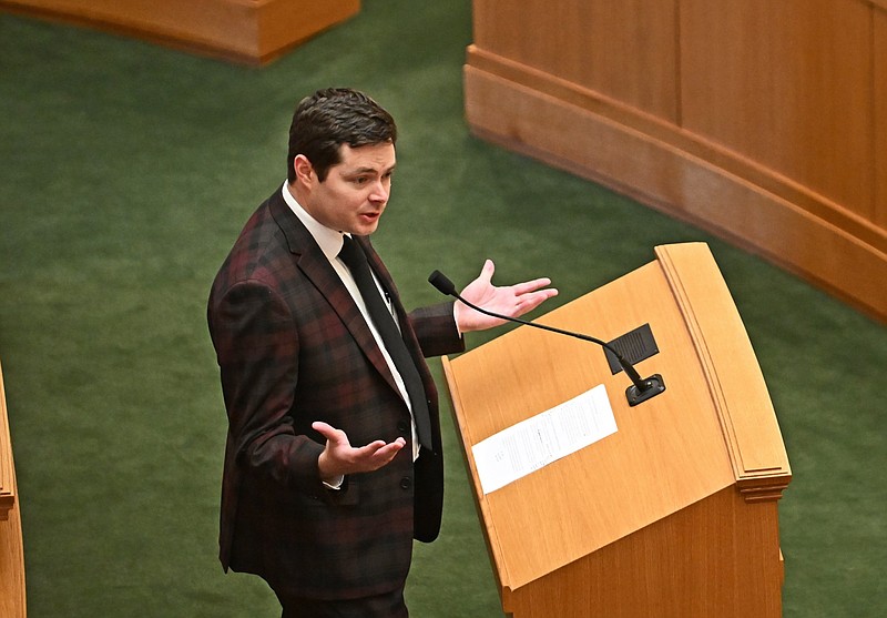 Arkansas state Rep. David Ray, R-Maumelle, speaks on the floor of the state House in the Capitol at Little Rock in this March 16, 2023 file photo. (Arkansas Democrat-Gazette/Staci Vandagriff)