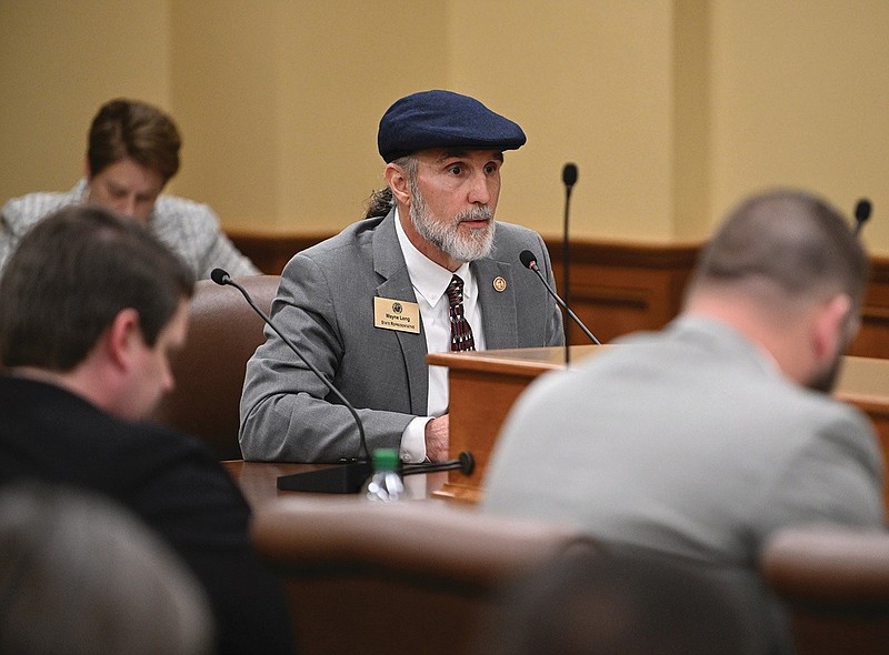 Rep. Wayne Long, R-Bradford, discusses his House Bill 1468 during a meeting of the House Education Committee at the state Capitol in Little Rock in this March 9, 2023 file photo. Long's bill, to create a law called the Given Name Act, would forbid a school employee from addressing a student by that student's preferred pronoun, title or name without written consent from a parent or guardian. (Arkansas Democrat-Gazette/Staci Vandagriff)