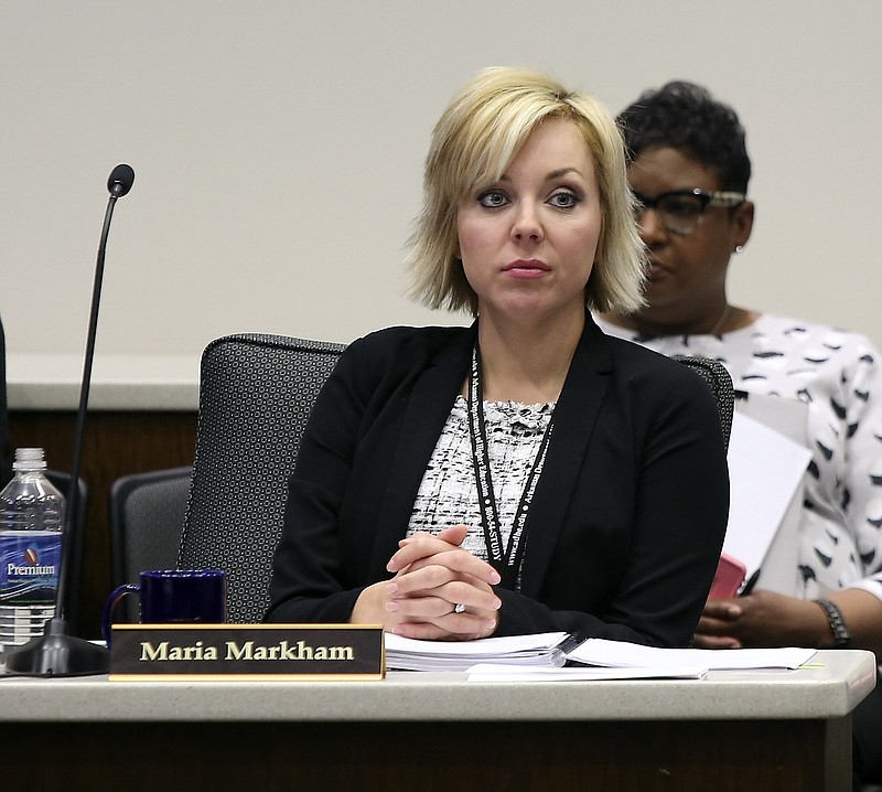 Maria Markham, the director of the Arkansas Division of Higher Education, attends a meeting in Little Rock in this January 2018 file photo. (Arkansas Democrat-Gazette file photo)
