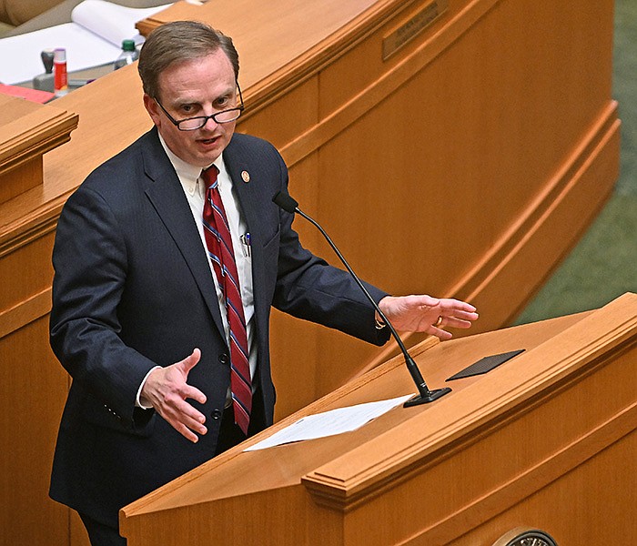 Speaker of the House Matthew Shepherd, R-El Dorado, explains House Bill 1649, which would allow high school athletes to profit off their name, image and likeness if they have been accepted to a college or have signed a national letter of intent, during the House session Thursday at the state Capitol in Little Rock.
(Arkansas Democrat-Gazette/Staci Vandagriff)