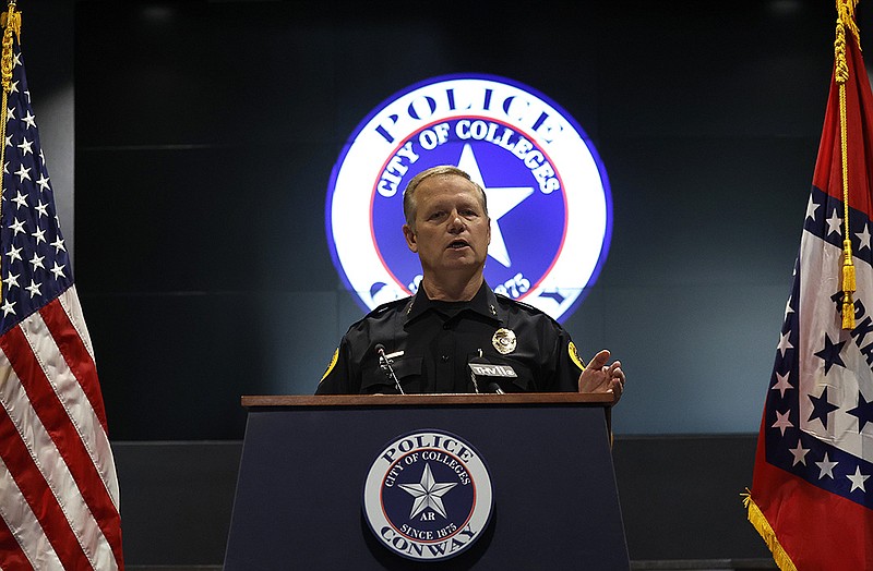 Conway Police Chief William Tapley talks about the return of 15-year-old Tanvi Marupally, who had been missing since January, during a news conference Thursday at Conway City Hall. Marupally was found safe in Tampa, Fla., and has since been returned home.
(Arkansas Democrat-Gazette/Thomas Metthe)
