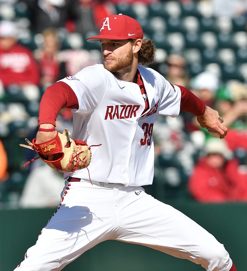 Arkansas left-hander Hunter Hollan, who is 4-0 with a 1.97 ERA, is set to start today for the Razorbacks in the opener of a three-game series against Alabama at Baum-Walker Stadium in Fayetteville.
(NWA Democrat-Gazette/Andy Shupe)