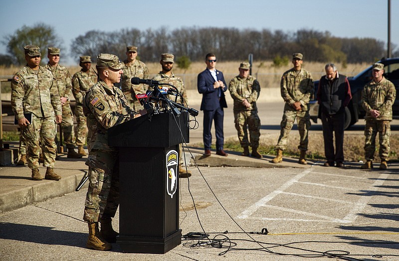 Brig. Gen. John Lubas address the press in regards to the Black Hawk helicopter crash that occurred early Thursday morning outside of Fort Campbell in Christian County, Ky. Video at arkansasonline.com/331lubas/.
(AP/The Tennessean/Liam Kennedy)