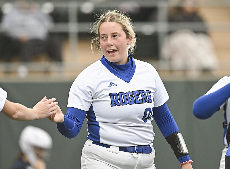 Rogers right-hander Ella Beeman (above) and reliever Ava Johnson combined on a one-hitter Thursday, leading the Lady Mounties to a 3-0 victory over the Rogers Heritage War Eagles at the Mounties Athletic Complex in Rogers. Visit nwaonline.com/photos for today’s photo gallery.
(NWA Democrat-Gazette/Charlie Kaijo)