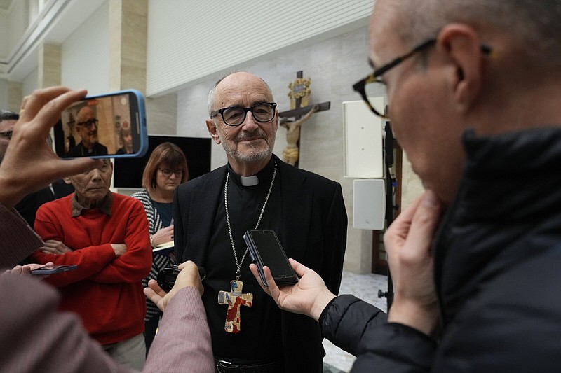 Cardinal Michael Czerny, the prefect of the Dicastery for Promoting Integral Human Development, meets with journalists Thursday at the Vatican press hall in Rome.
(AP/Gregorio Borgia)