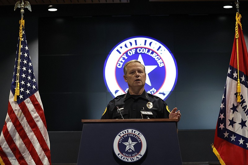 Conway Police Department Chief William Tapley speaks during a news conference on at Conway City Hall on Thursday, March 30, 2023. Tapley was discussing the return of Conway resident Tanvi Marupally, who had been missing since January and who turned 15 days before she was found safe in Tampa, Fla., and returned home. (Arkansas Democrat-Gazette/Thomas Metthe)