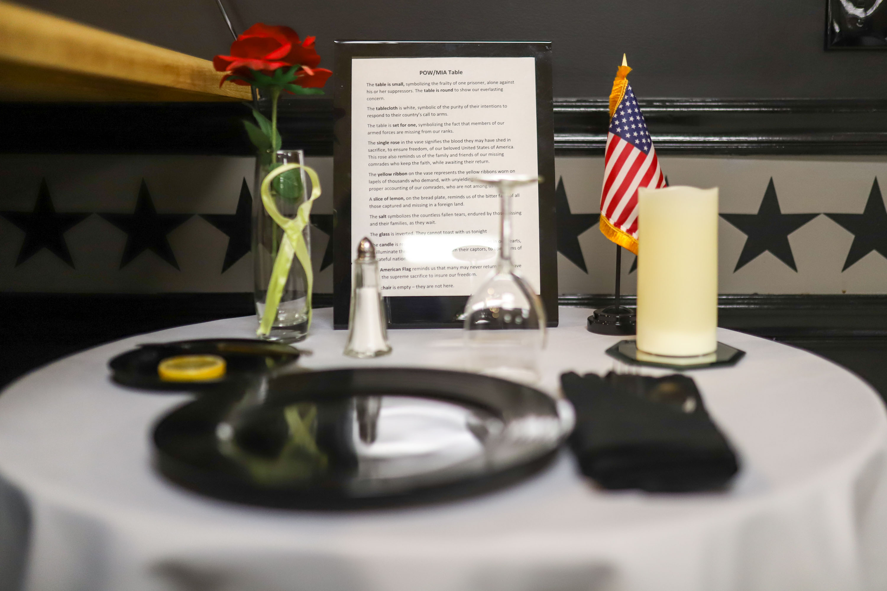 Staff photo by Olivia Ross / A POW/MIA table sits in the corner of the cafe. The American Legion added a coffee shop, Legion Cafe, to its space as seen on Wednesday, March 29, 2023.